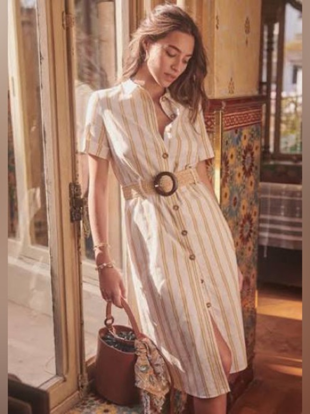 Sezane Lexia Linen-Blend Striped Shirt Dress with Belt - Ecru & Tan